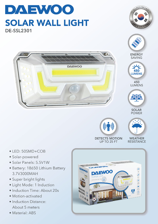 Daewoo Outdoor Solar Wall Light with Motion Sensor 50 LED