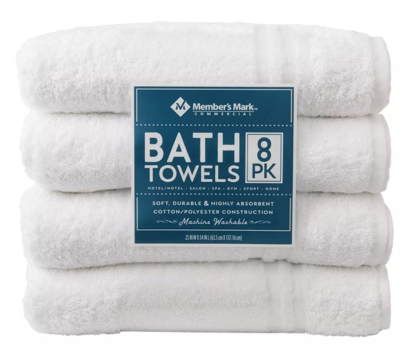 Member's Mark Commercial Hospitality Bath Towels, White, Set of 8