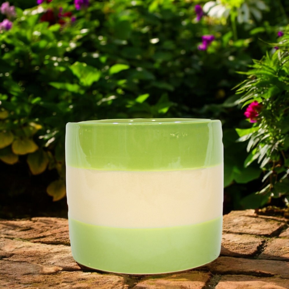 ****Classy Homes Ceramic Plant Pots Striped Green / Light Pink L