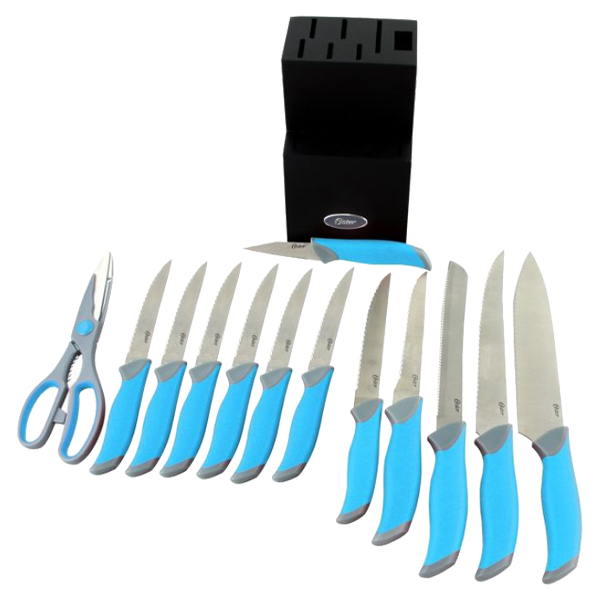 Oster Lindbergh 14pc Cutlery Set with Color-Stained Wood Block - Teal