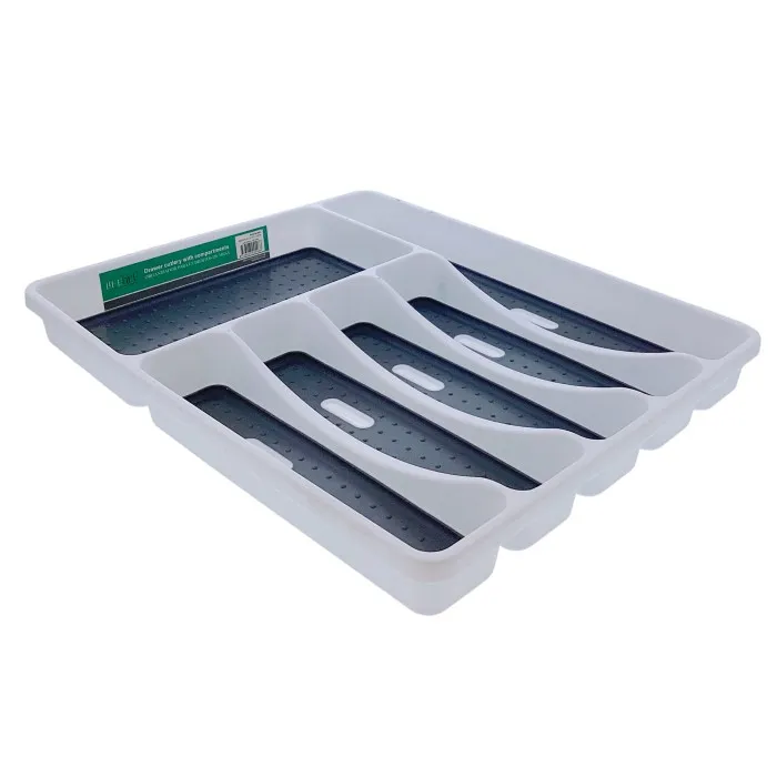 Life Art 6-Section Cutlery Tray/ Drawer Organizer, White/ Grey
