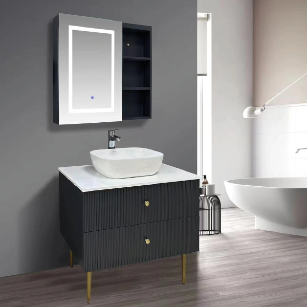 Royal Homes LED Mirror Vanity Cabinet, 2-Drawers with Gold Hardware, 31.4 x 18.8 x 29.5 In.