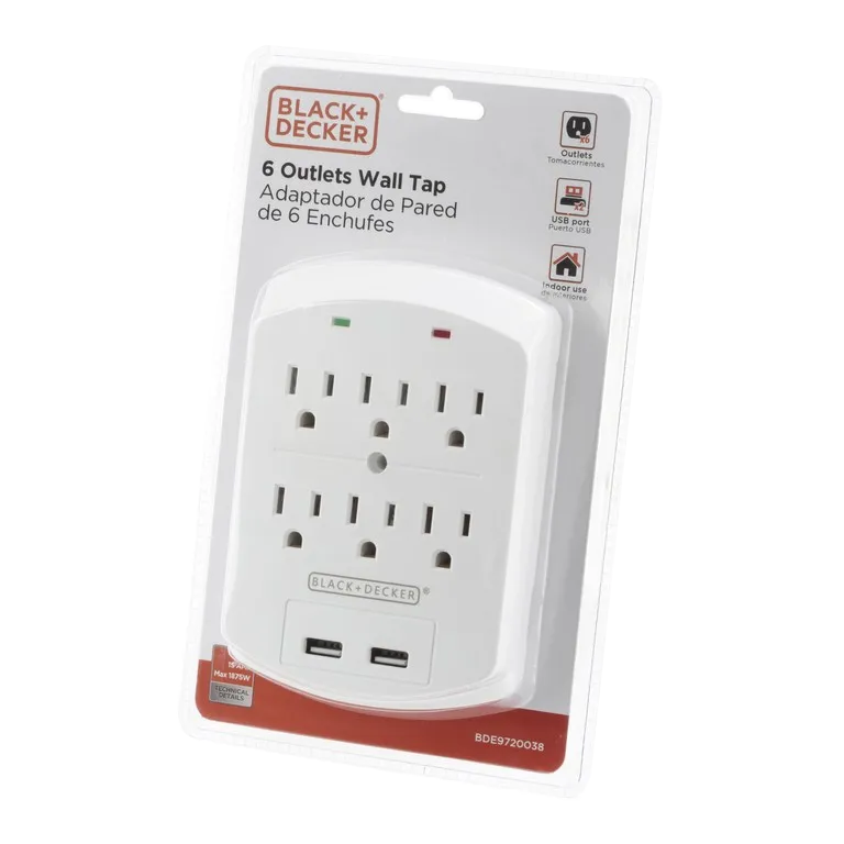 Black &amp; Decker 6-Outlet Wall Tap with 2 USB-A