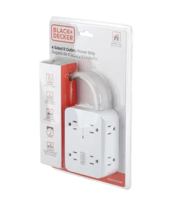 Black &amp; Decker 8-Outlet Power Strip 4-Sided, 3 USB-A, 1 USB-C, White