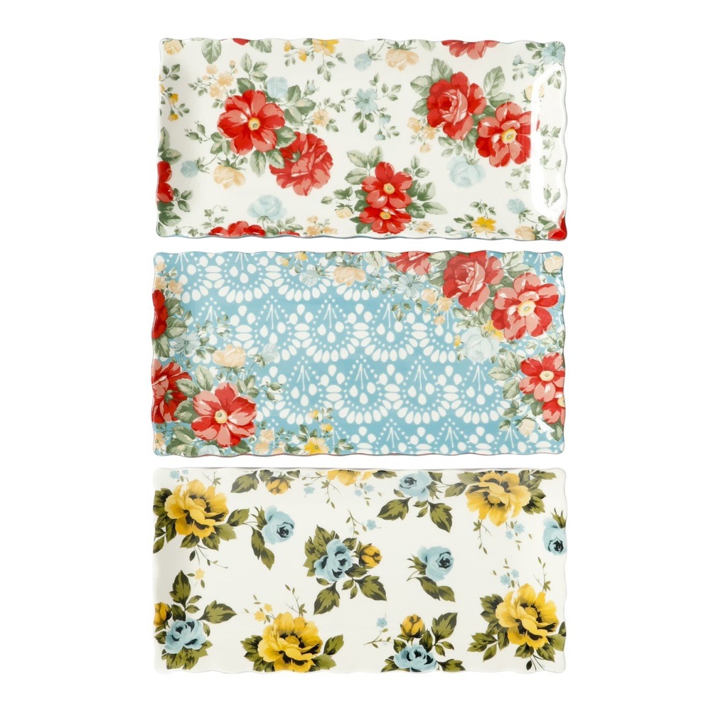 The Pioneer Woman Floral Medley 3-pc Serving Platters, Rect. Asst Designs, Decorated Stoneware