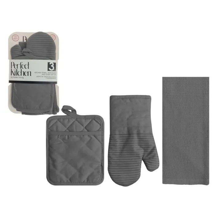 Perfect Kitchen 3pc Set - Oven Mitt, Potholder, Dish Towel - Grey
