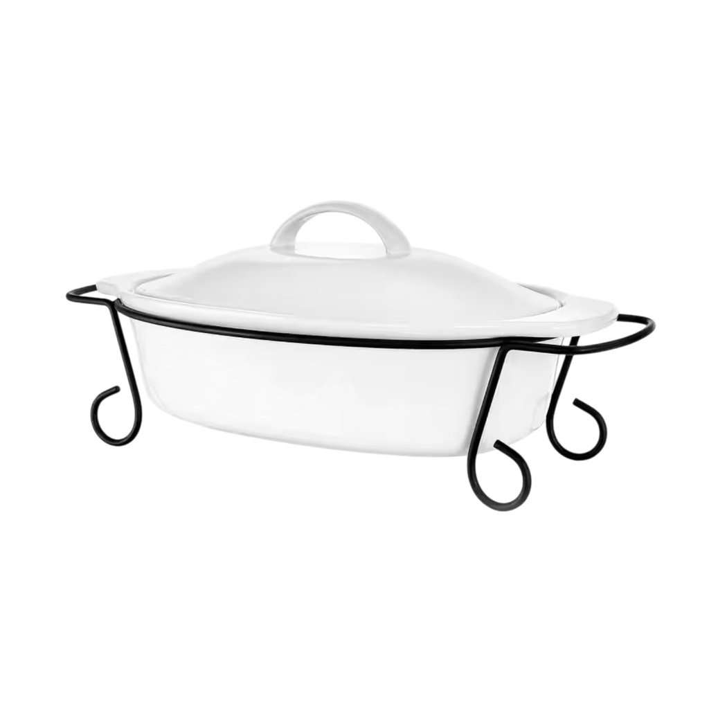 Gibson Home Gracious Dining Oval Stoneware Bakeware with Lid 70.4 oz. White with Metal Rack (2-Piece)