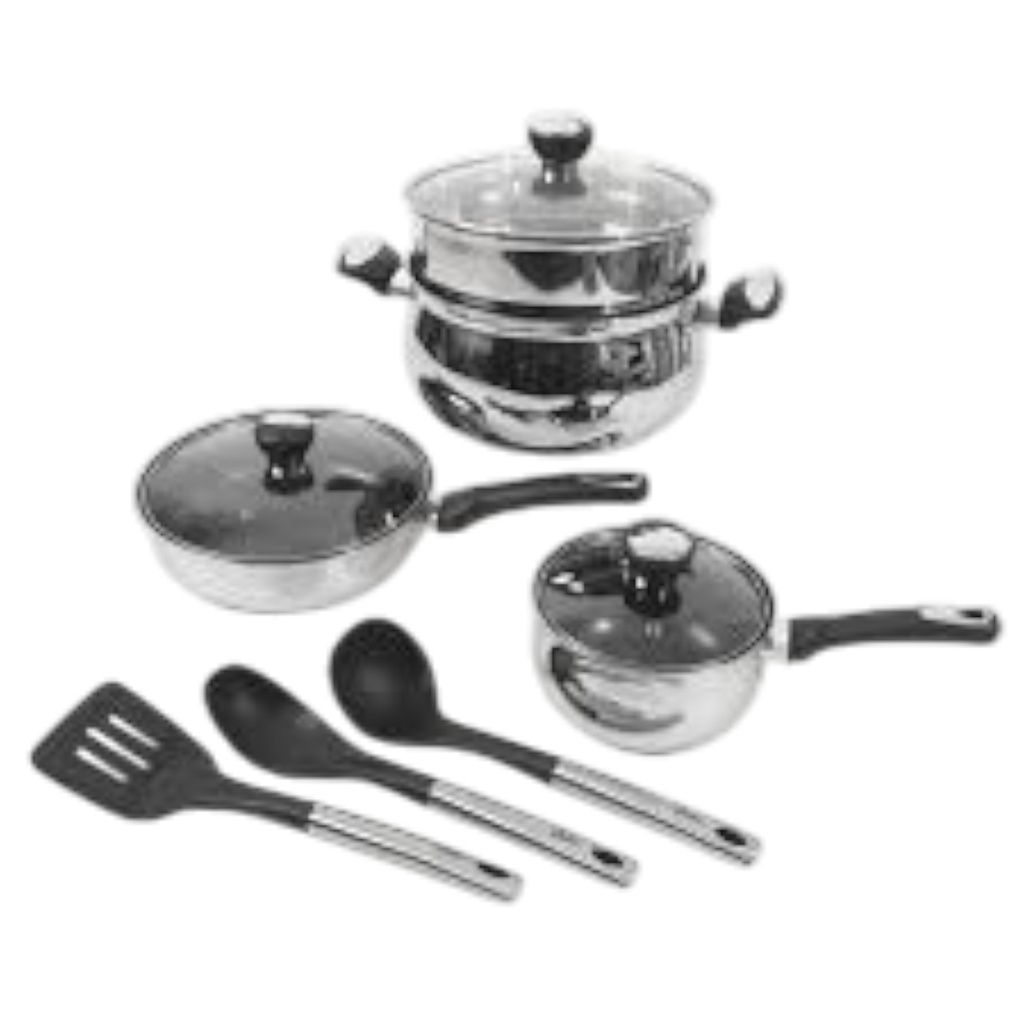 Oster Baldwyn 10 Piece Nonstick Cookware Set with Kitchen Tools, Stainless Steel/ Black