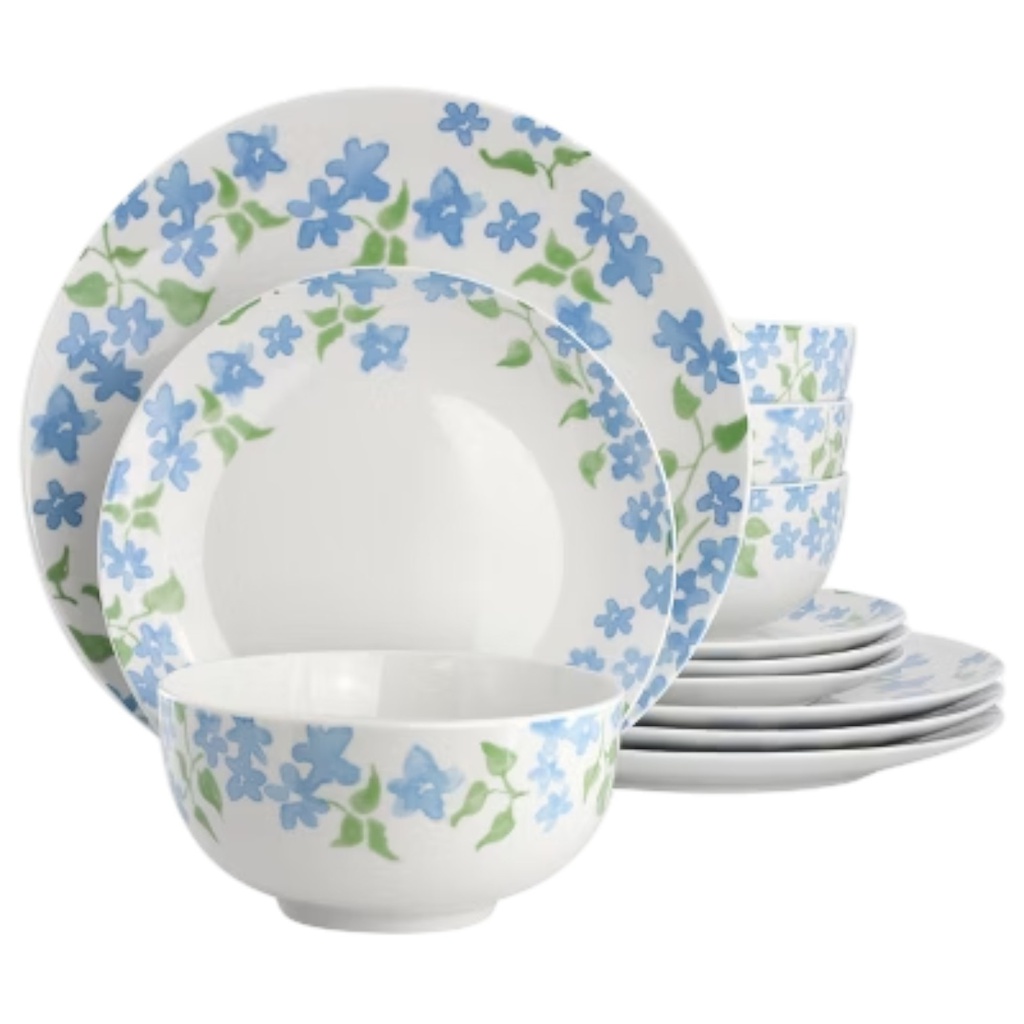 Gibson Home Garden Aisle 12 Piece Fine Ceramic Dinnerware Set, Blue