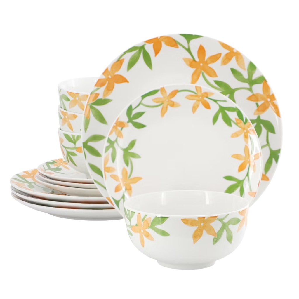Gibson Home Surrey Hill 12 Piece Fine Ceramic Dinnerware Set, Yellow/ Green