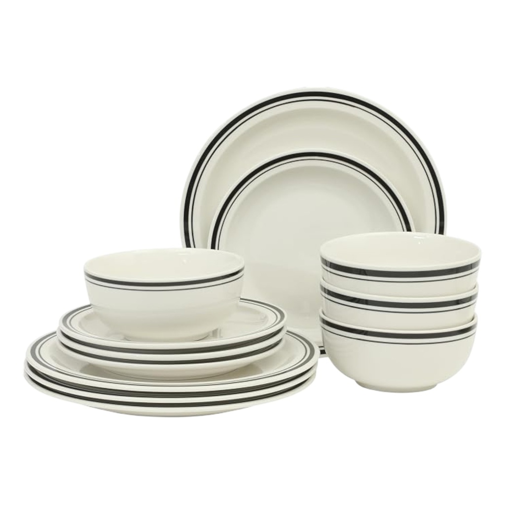 Gibson Home Hometown Diner 12 Piece Fine Ceramic Dinnerware Set, Black