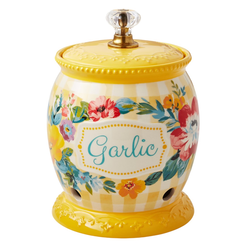 The Pioneer Woman Sweet Romance Ceramic Garlic Keeper with Lid, Decorated Stoneware
