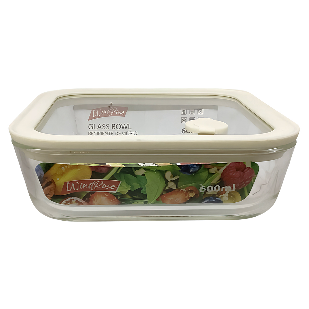 Windrose Glass Bowl with Silicone Lid Square White