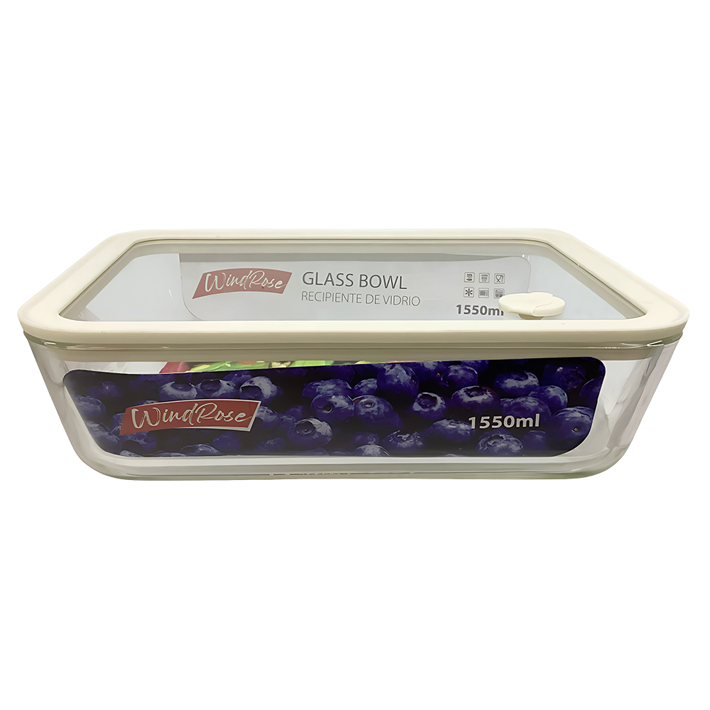 Windrose Glass Bowl with Silicone Lid Rect. White