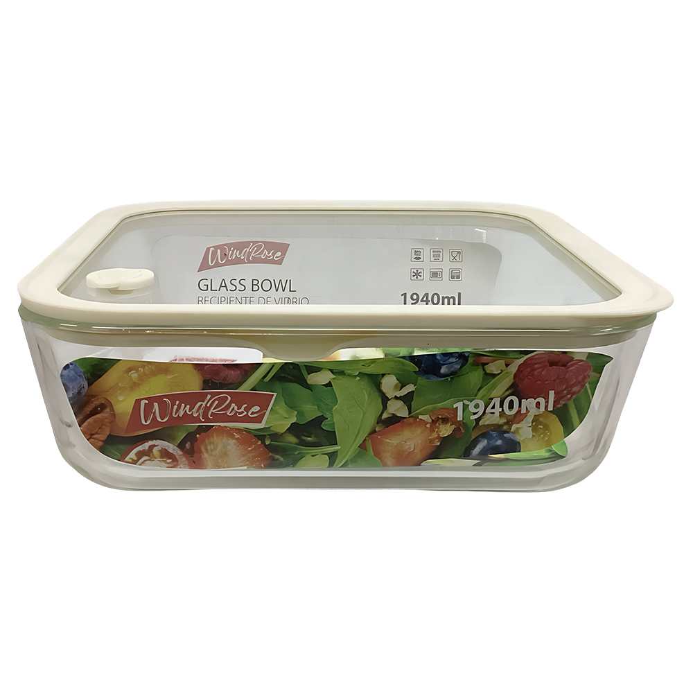 Windrose Glass Bowl with Silicone Lid Square White
