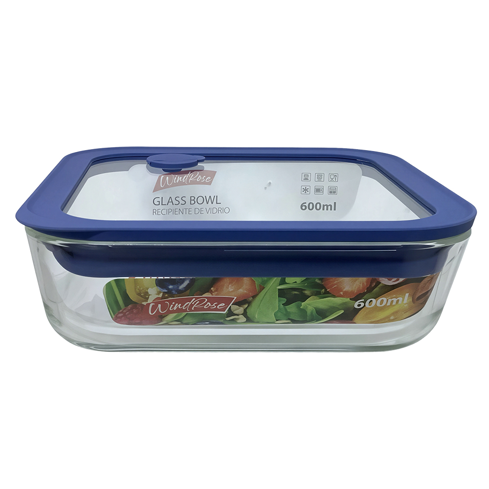 Windrose Glass Bowl with Silicone Lid Square Blue