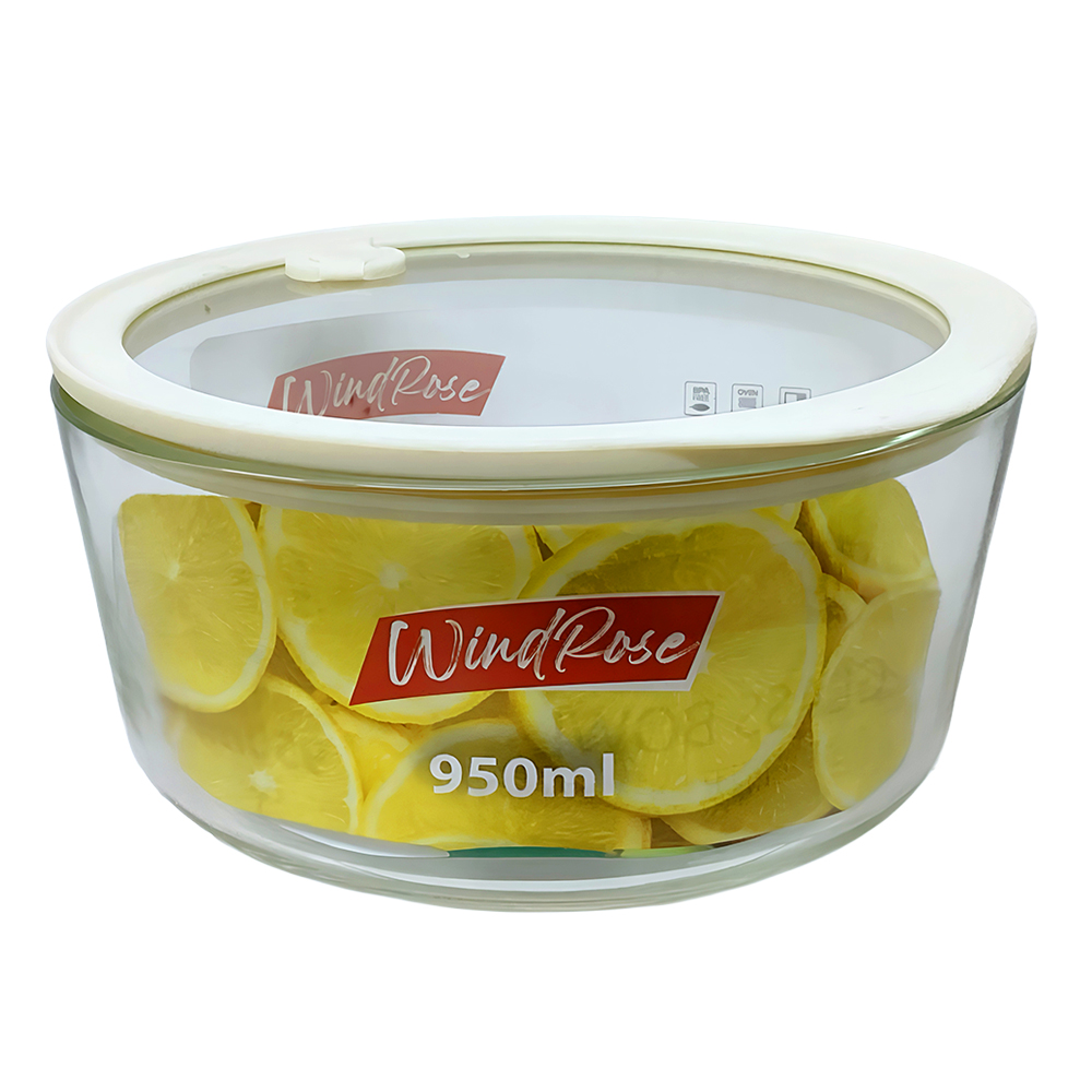 Windrose Glass Bowl with Silicone Lid Round White