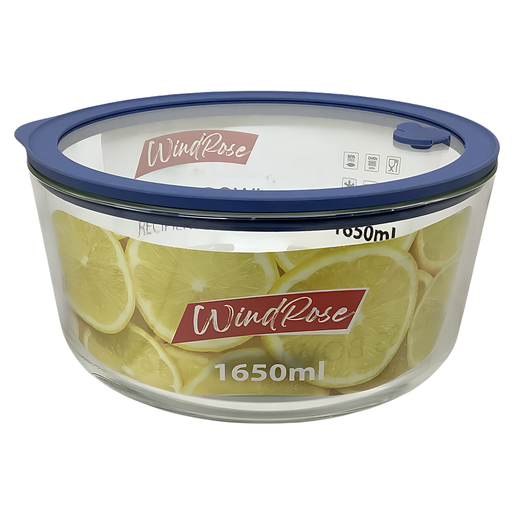 Windrose Glass Bowl with Silicone Lid Round Blue