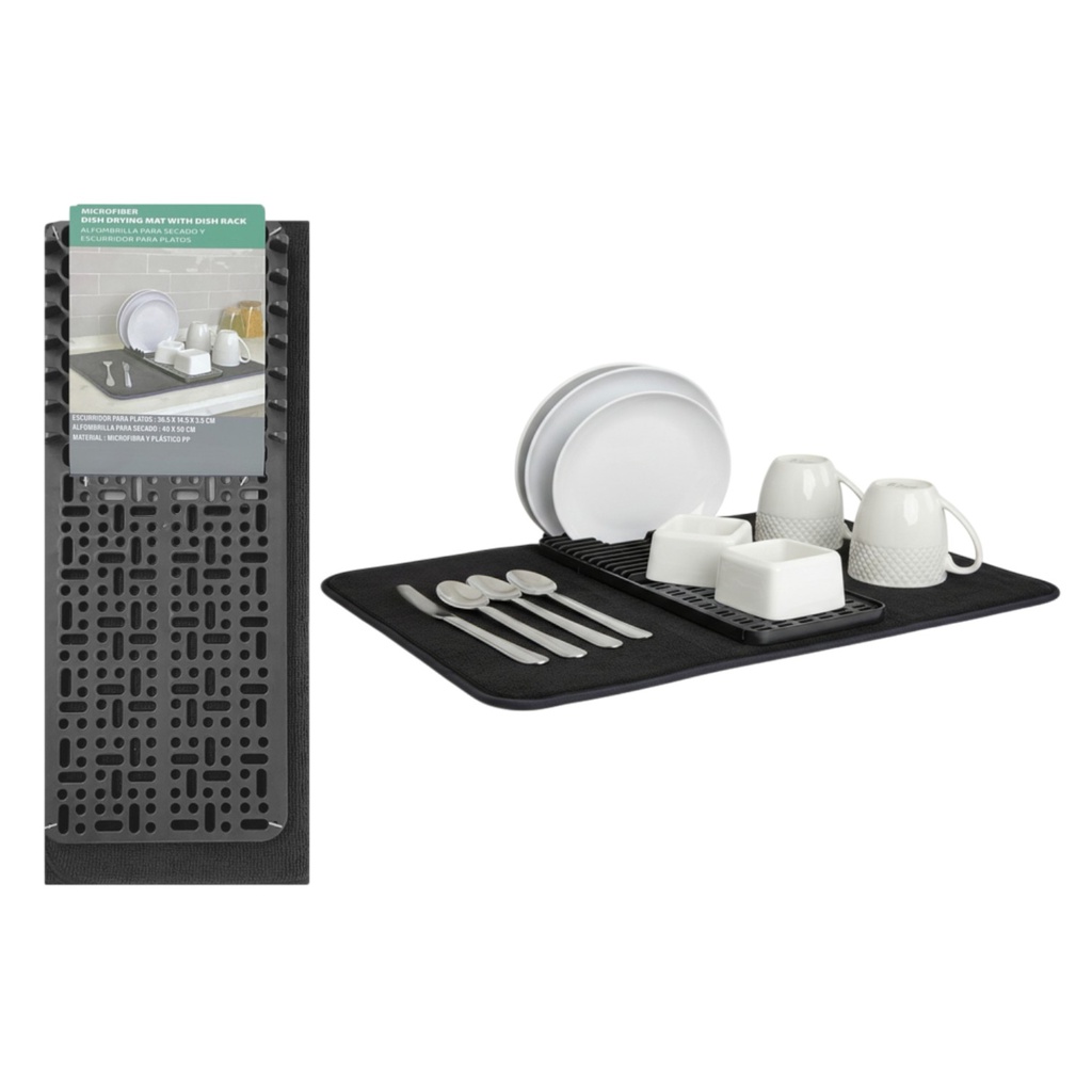 Life Art Microfiber Dish Drying Mat with Dish Rack, Black