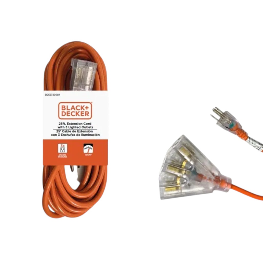 Black &amp; Decker 3-Outlet Outdoor Extension Cord 25 Ft., Orange