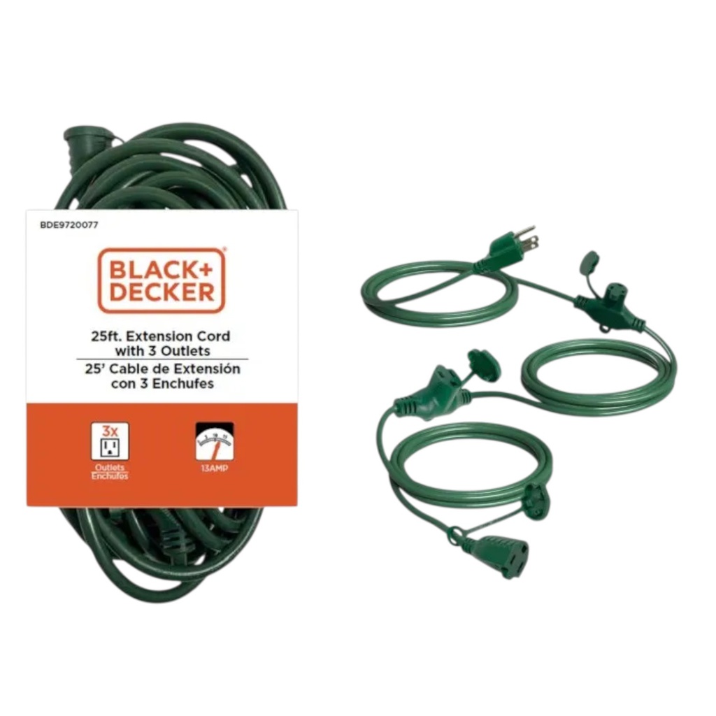 Black &amp; Decker 3-Outlet Indoor Extension Cord 25 Ft., Green
