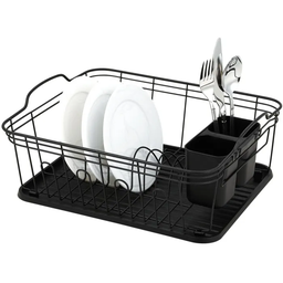 [739-01892] Life Art Dish Rack with Plastic Draining Tray, Black