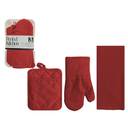 [768-1447075] Perfect Kitchen 3pc Set - Oven Mitt, Potholder, Dish Towel - Red