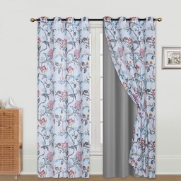 [715-2PCS1 / 1458677 / CHBC32608] Classy Homes Blackout Curtain 2pc Set / 1pc Printed Dolly Sheer, 1pc Solid Microfiber