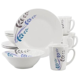 [142755.12] Gibson Home Blue Leaves 12 Piece Fine Ceramic Decorated Dinnerware Set, White
