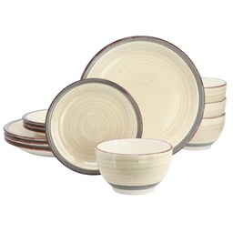 [142773.12] Gibson Home Holcomb 12 Piece Ceramic Dinnerware Set DuraStone Cream