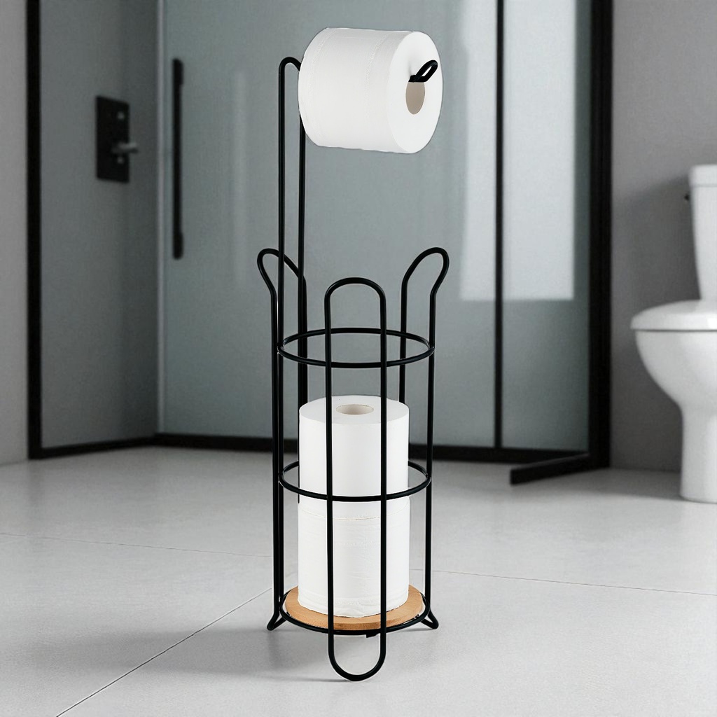 Royal Homes Freestanding Toilet Paper Holder With Bamboo Base, Black