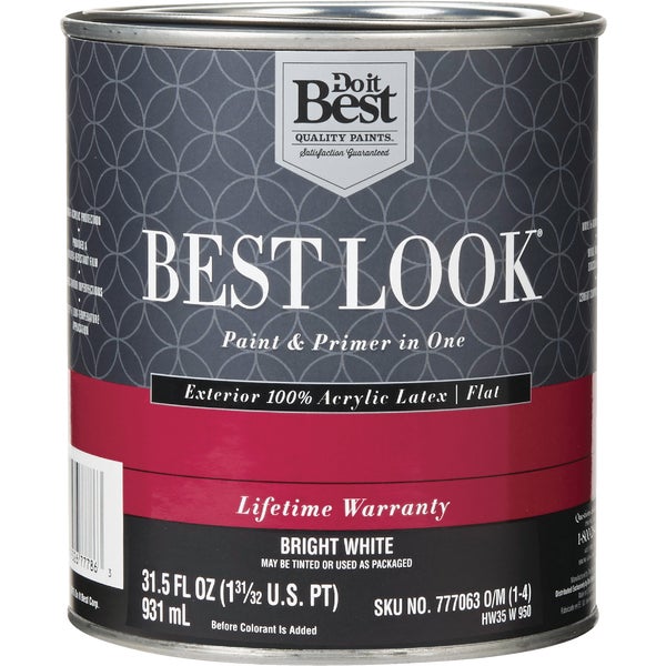 ****Best Look 100% Acrylic Latex Paint &amp; Primer In One Flat Exterior House Paint, Bright White, 1 Qt