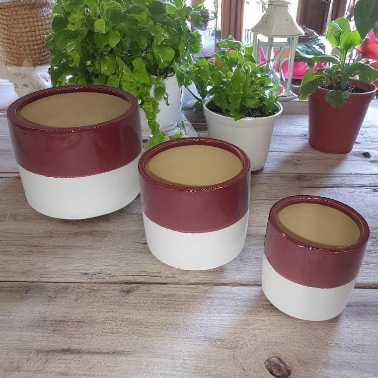 Classy Homes Ceramic Plant Pots Striped White / Mauve 3 Piece Set