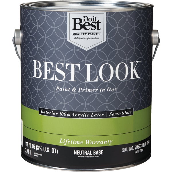 Best Look 100% Acrylic Latex Premium Paint &amp; Primer In One Semi-Gloss Exterior House Paint, Neutral Base, 1 Gal.