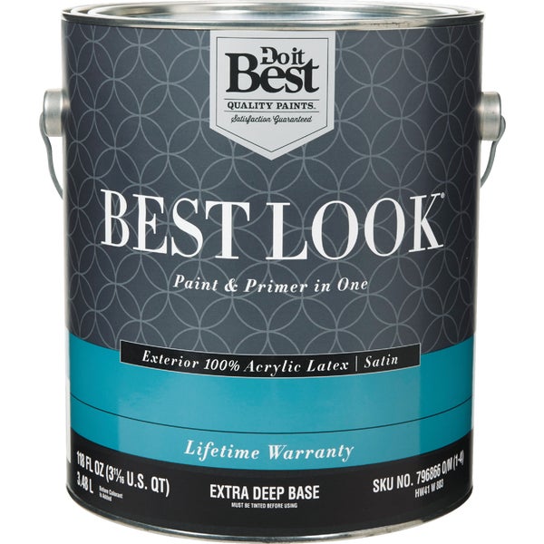 Best Look 100% Acrylic Latex Premium Paint &amp; Primer In One Satin Exterior House Paint, Extra Deep Base, 1 Gal.