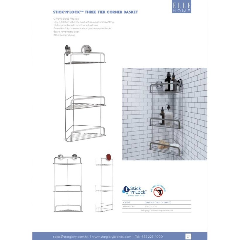 Elle Home 3-Tier Corner Basket, Satin Nickel