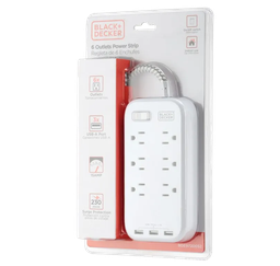 [973-BDE9720052] Black &amp; Decker 6-Outlet Power Strip 3 USB-A, White