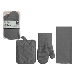 [768-1447073] Perfect Kitchen 3pc Set - Oven Mitt, Potholder, Dish Towel, Grey
