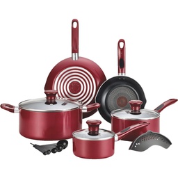[B039SE64] T-fal Thermo-Spot 14pc Cookware Set Non-Stick Aluminum Red