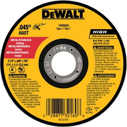 [DW8062] ****DEWALT HP Type 1 Metal/Stainless Cut-Off Wheel 4.5 In. x 0.045 In. x 7/8 In.