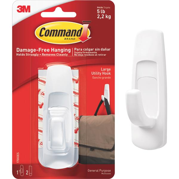 3M Command Large Utility Hook, White, 1 Hook, 2 Strips (5 Lb. Capacity)