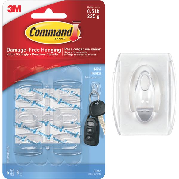 3M Command Clear Mini Hooks, 6 Hooks, 8 Strips (0.5Lb. Capacity)