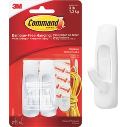 [17001ES-2PK] 3M Adhesive Hook Command Medium Utility Hook, White, 2 Hooks, 4 Strips (3Lb. Capacity)