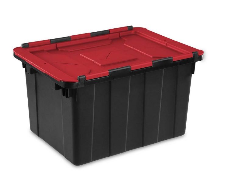 Sterilite Industrial Tote with Hinged Lid 12 Gal, Black &amp; Red