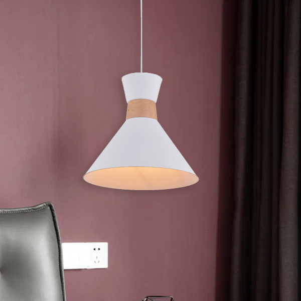 ****Royal Homes Pendant Light E27 40W White &amp; Wood Finish