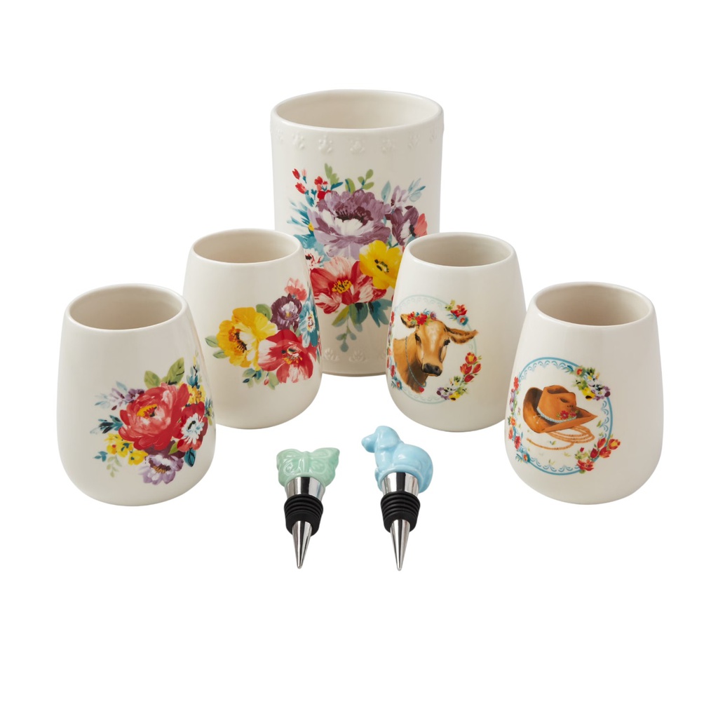 The Pioneer Woman Sweet Rose 7pc Wine Set, Decorated Stoneware
