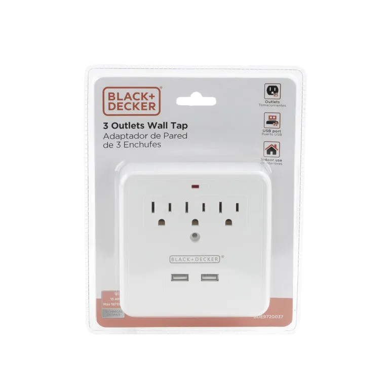 Black &amp; Decker 3-Outlet Wall Tap with 2 USB-A, Phone Holder