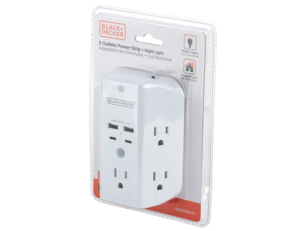 Black &amp; Decker 5-Outlet Extender with Night Light, 2 USB-A, 2 USB-C