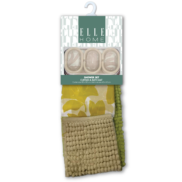 Elle Home 14pc Bath Accessory Set - Shower Curtain with Hooks &amp; Bath Mat, Green