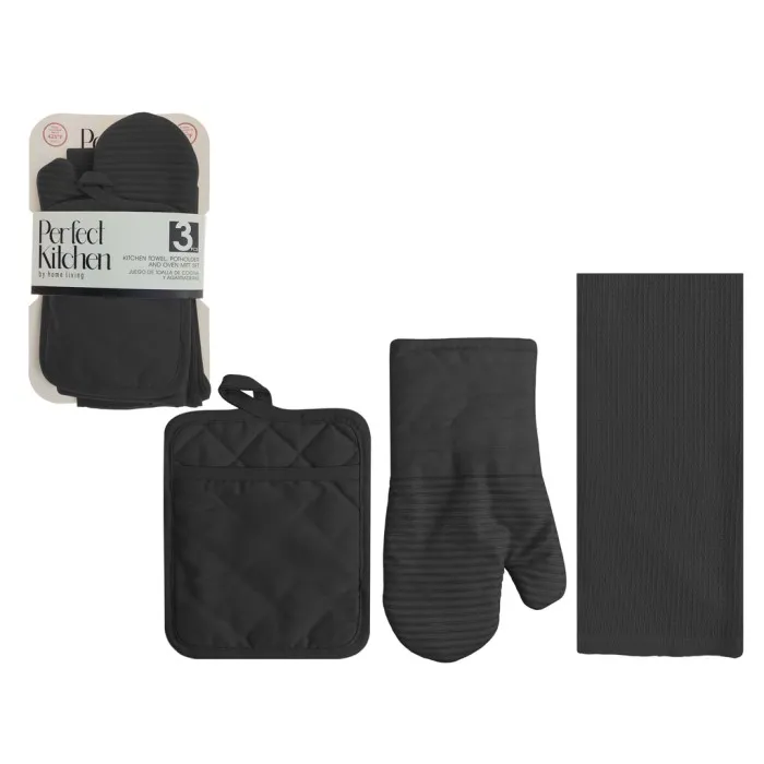 Perfect Kitchen 3pc Set - Oven Mitt, Potholder, Dish Towel - Black